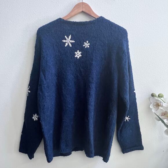 Vintage Christmas Snowman Blue Cardigan Sweater Silk Wool Knit Women's Size M - Picture 7 of 7